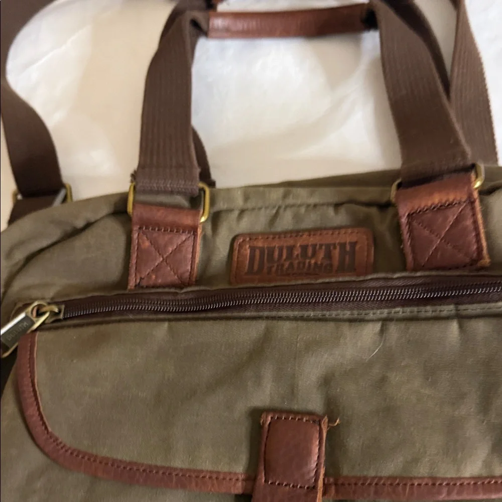Duluth Trading Co Olive Canvas Laptop Bag with Brown Leather Trim